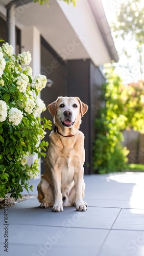 Happy dog sits outdoors in front of a modern house