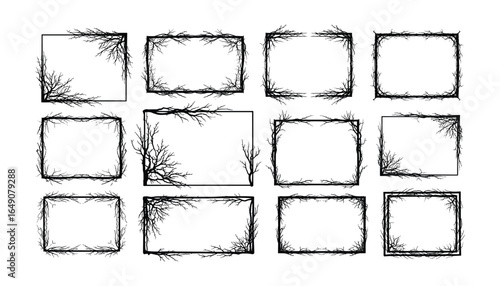 Set of Black Frames Decorated with Twigs for Halloween or Gothic Style Design Elements on White Backgrounds