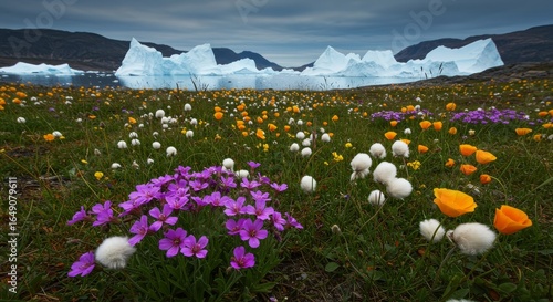 Meadow in Greenland with Arctic flowers and iceberg view