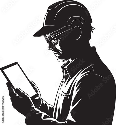 Worker wearing hard hat and glasses looking at tablet vector