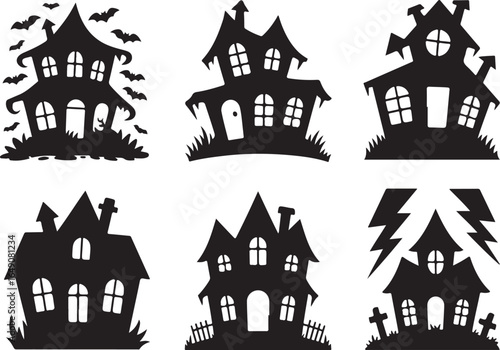 Wallpaper Mural Spooky Halloween haunted houses silhouettes with bats, lightning Torontodigital.ca
