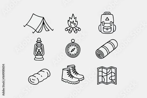 Line icons depicting camping and hiking equipment.