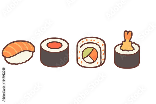 Delicious Sushi Assortment: Nigiri, Maki, Uramaki, and Temaki Vector Illustrations for Japanese Cuisine and Restaurant Menus