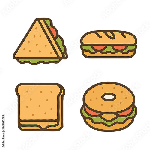 Delicious Sandwich Varieties: Vector Illustrations of Club, Sub, Toast, and Bagel Sandwiches for Food and Restaurant Designs