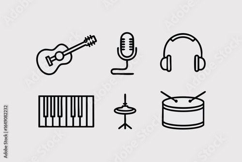 Collection of musical instruments including guitar, microphone, and headphones icons.