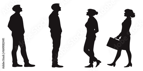 Vector silhouettes of women, men, and children walking and holding hands, a family illustration