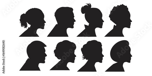 A set of vector silhouette icons depicting a group of diverse women and men with various hairstyles