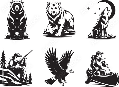 Wildlife icons: Bear, wolf, eagle, hunter, and canoeist designs