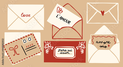 Different postal cards and envelopes. Set of love letters. Hand drawn modern Vector illustration. Isolated design elements. Message, Valentines day card, romantic mailing concept