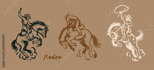 Horse rodeo set. Cowboy on horse in movement. Various positions. Western traditional sport. Hand drawn modern Vector illustration. Isolated design elements. Print, poster, sticker, design templates