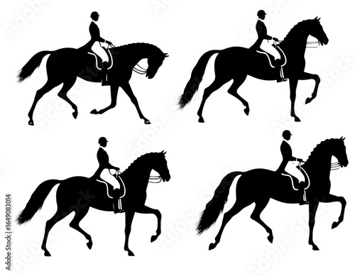 A set of black and white horse and rider silhouettes, isolated as vector illustrations for equestrian sport