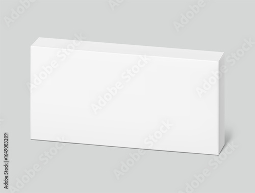 Realistic white closed paperboard box mockup. Vector illustration isolated on grey background. Taking your 2D designs into 3D. Can be use for medicine, food, cosmetic and other. EPS10.
