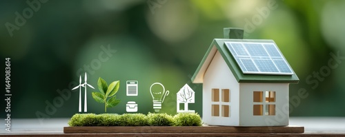 A miniature eco-friendly house with solar panels and symbolic icons representing renewable energy and sustainability, surrounded by greenery.