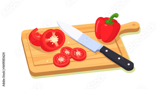 Fresh red bell pepper being sliced on a wooden board with a kitchen knife. Healthy cooking and food preparation concept.