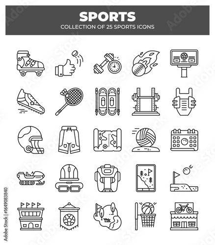 Collection of 25 Sports Icons.  Sport Equipment. Fitness. and Recreation