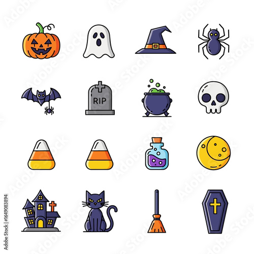 Halloween icons depict assorted items on display white