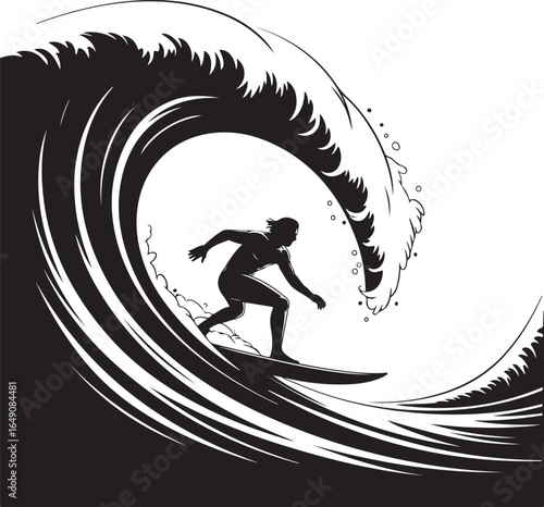 Surfer riding a giant wave, dynamic black and white artwork