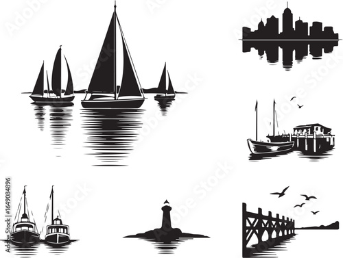 Elegant nautical silhouettes of sailboats and seaside views