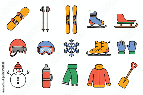 Collection of winter sports and leisure equipment illustrations.