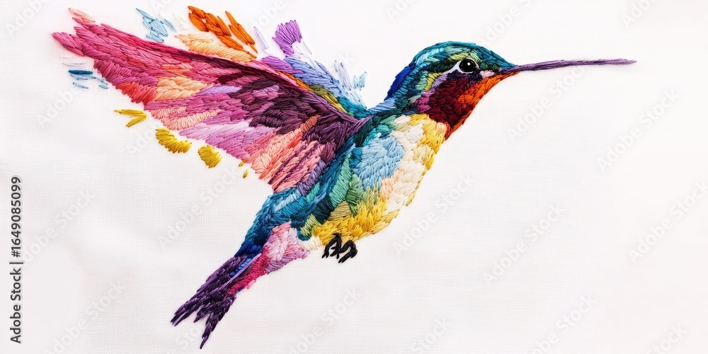 Obraz premium Stitched embroidery hummingbird with floating illusion, bright color palette on white fabric Stock photo