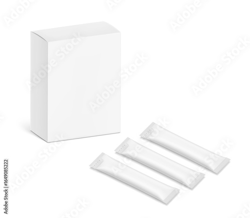 Blank package stick mockup with paperboard box mockup. Half side view. Vector illustration isolated on white background. Can be use for food, cosmetic, medicine and etc. EPS10.