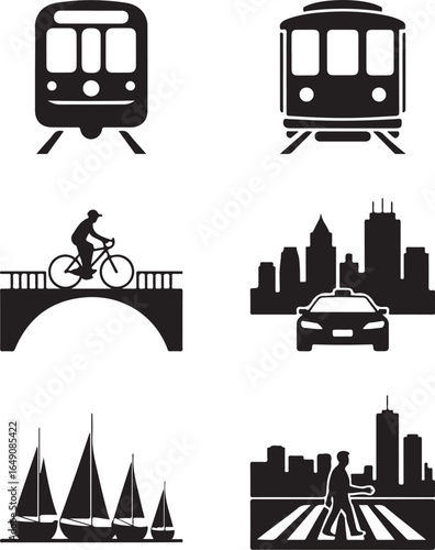 Urban transportation icons for city life, travel, and tourism themes