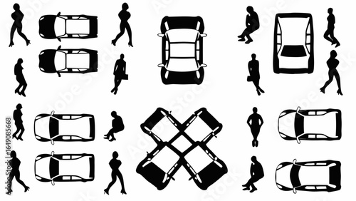 Overhead view of cars and people silhouettes arranged in a pattern on a white background showing scale