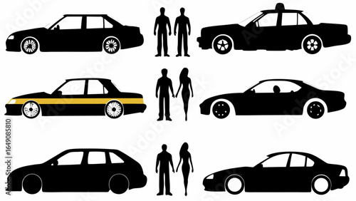 Silhouette illustrations of various car models and human figures arranged in a grid pattern design
