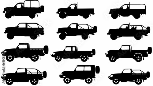Silhouette illustration of various off road vehicles and pickup trucks in a grid pattern layout