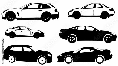 Illustration of six different car silhouettes in black and white showing various body styles and designs