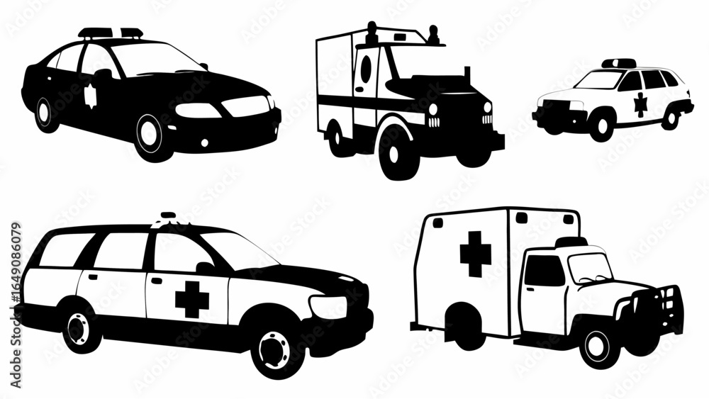 Fototapeta premium Illustration showing a collection of emergency vehicles including ambulances and a police car design art silhouette