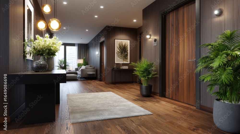 Fototapeta premium Modern apartment interior design urban setting photography contemporary style wide angle view aesthetic inspiration