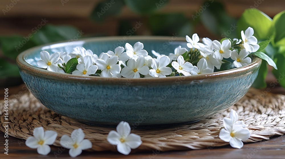 Jasmine garland draped over a ceramic bowl each white flower carefully woven together set on a natural woven surface evoking a feeling of cultural tradition and beauty Jasmine garland draped over a ceramic bowl each white flower carefully woven together set on a natural woven surface evoking a feeling of cultural tradition and beauty