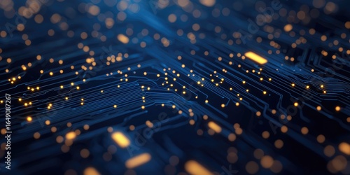 Technology pattern of thin circuit lines on a dark navy background Stock photo