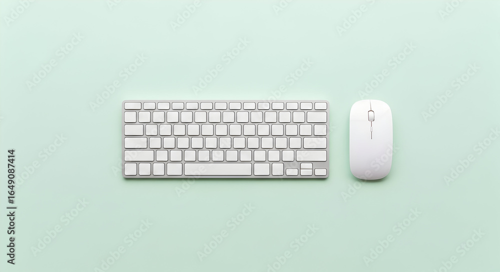 Minimalist Wireless Keyboard and Mouse on Green Background. Clean Modern Workspace Technology Remote Work Productivity Graphic Design Mockup Minimalist Wireless Keyboard and Mouse on Green Background. Clean Modern Workspace Technology Remote Work Productivity Graphic Design Mockup