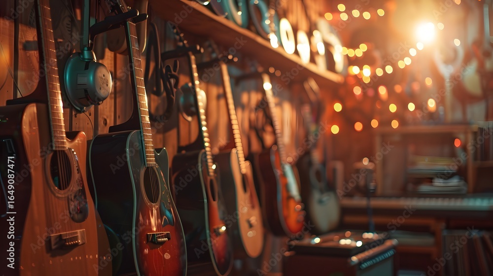 Naklejka premium A cozy music shop filled with various guitars, illuminated by warm lights, creating an inviting atmosphere