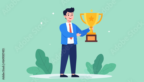 A proud businessman celebrating his success and achievement, holding a golden trophy award for his victory.
