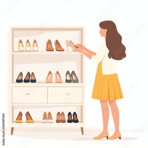 A woman selecting a pair of shoes from a shoe rack in a minimalist style.