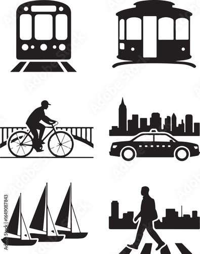 Urban transportation icons for travel, business, and city life