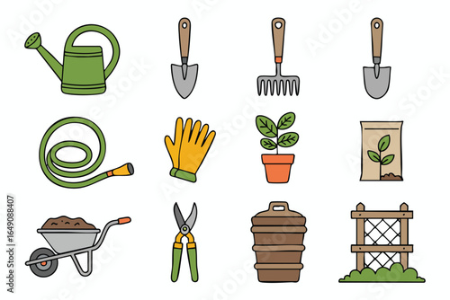 A collection of twelve colorful vector icons representing various gardening tools and equipment on a white background.
