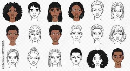 Collection of diverse women and men faces with various hairstyles and skin tones illustration art vreated with genrated ai