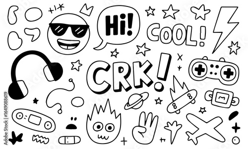 Hand-drawn doodle vector set with cool icons like skulls, smiley faces, lightning bolts, game controller, and more. Perfect for t-shirts, stickers, and streetwear graphics. 