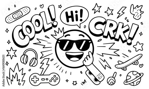 Hand-drawn doodle vector set with cool icons like skulls, smiley faces, lightning bolts, game controller, and more. Perfect for t-shirts, stickers, and streetwear graphics. 
