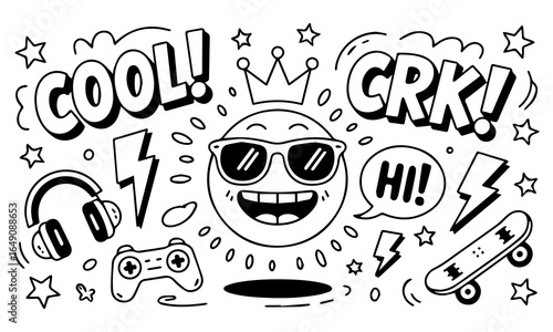 Hand-drawn doodle vector set with cool icons like skulls, smiley faces, lightning bolts, game controller, and more. Perfect for t-shirts, stickers, and streetwear graphics. 
