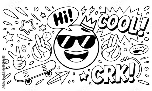 Hand-drawn doodle vector set with cool icons like skulls, smiley faces, lightning bolts, game controller, and more. Perfect for t-shirts, stickers, and streetwear graphics. 