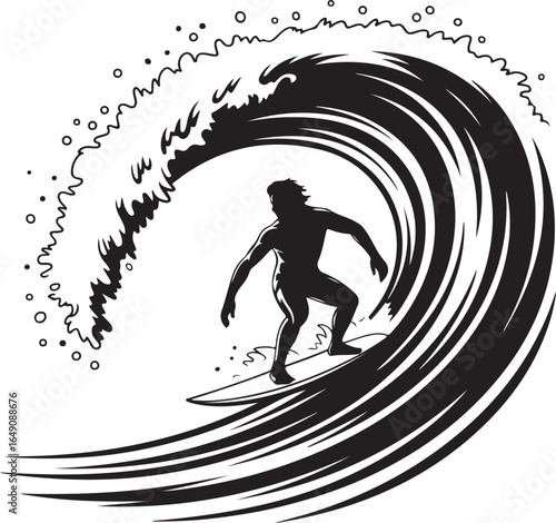 Surfer riding a massive wave with dynamic black and white art