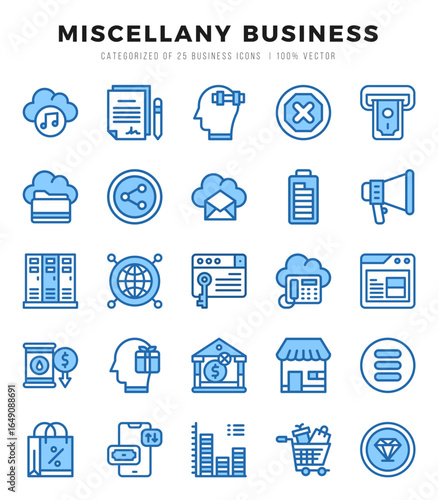 Miscellany Business icons Pack. Two Color icons set. Miscellany Business collection set.