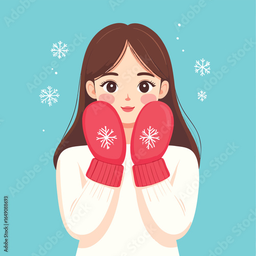A young woman in a white sweater and red mittens smiles amidst falling snowflakes.