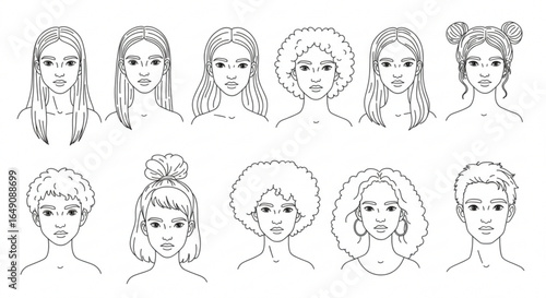 Illustration showing a variety of different hairstyles on various people with different hair types and lengths vreated with genrated ai