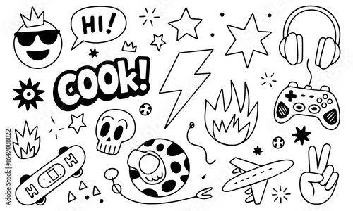 Hand-drawn doodle vector set with cool icons like skulls, smiley faces, lightning bolts, game controller, and more. Perfect for t-shirts, stickers, and streetwear graphics. 